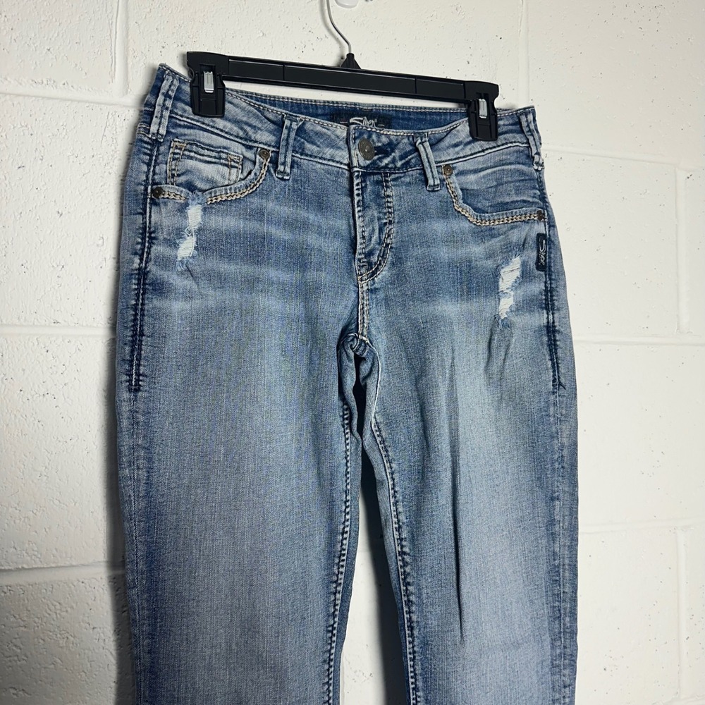 Silver Jeans Co Sam Mid Rise Slim Leg Distressed Light Wash Jeans W28 L29